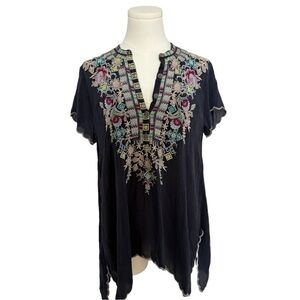 JOHNNY WAS Livana Embroidered Short-Sleeve Tunic Top Size PXS‎ Boho Flowy Floral
